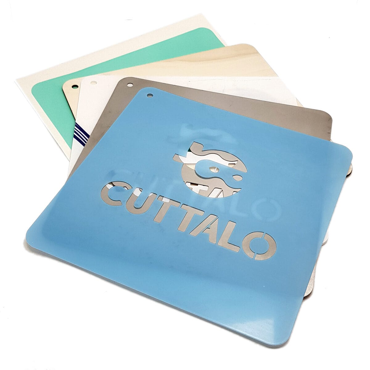 Laser-cut stencils in five materials, made by Cuttalo