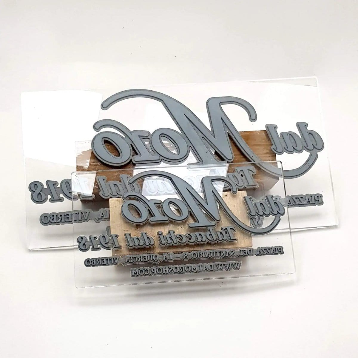 Laser-made rubber stamps on acrylic blocks