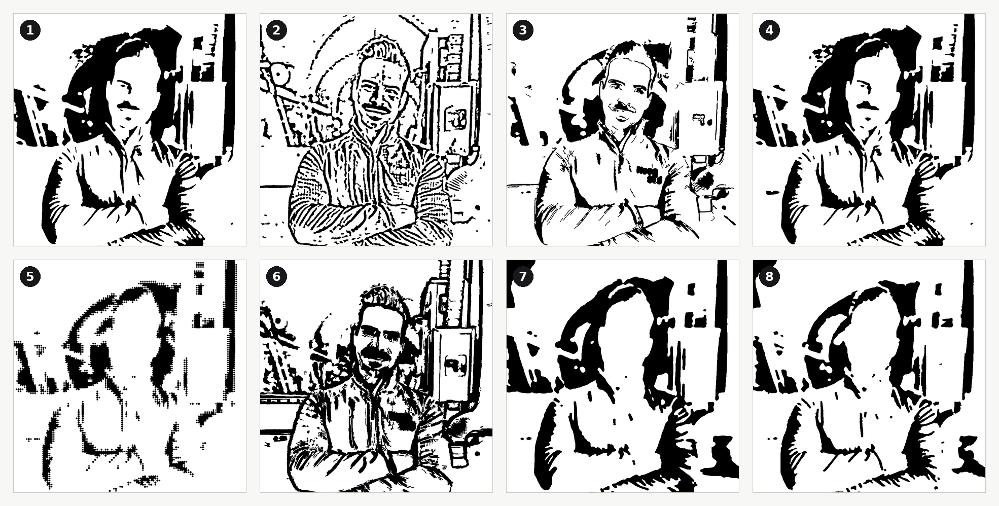 The same photograph converted into a stencil eight times, once with each conversion method, arranged in a grid of four by two.