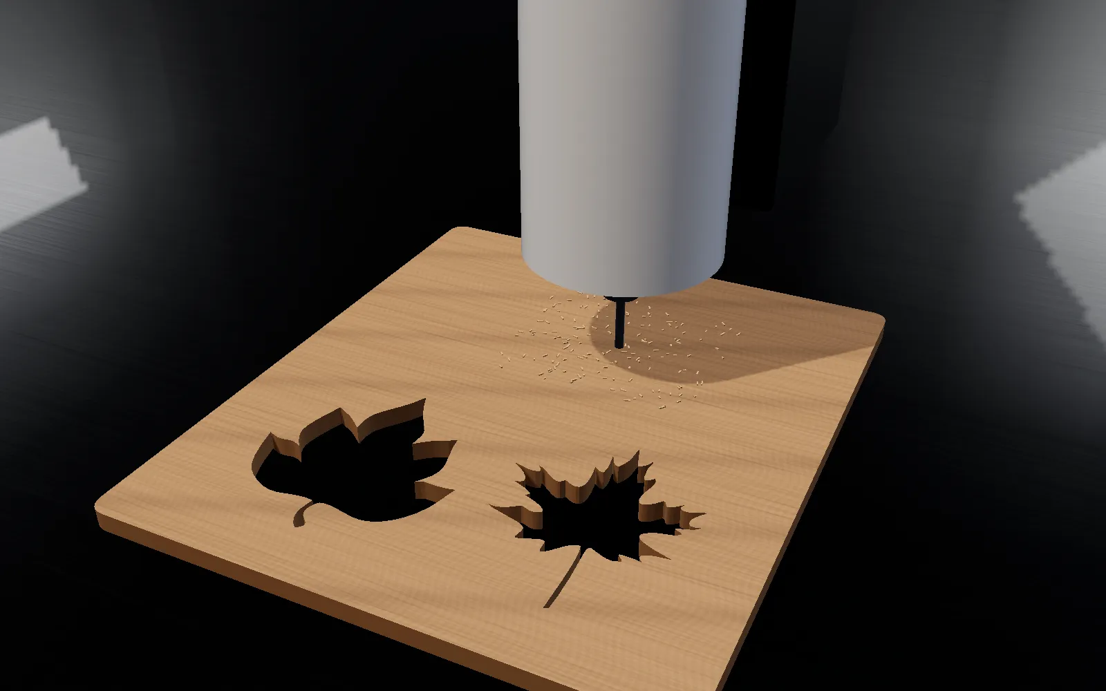 Il mandrino di una fresatrice CNC taglia uno stencil con le foglie d'acero nell'MDF da 6 mm, con i trucioli attorno alla fresa