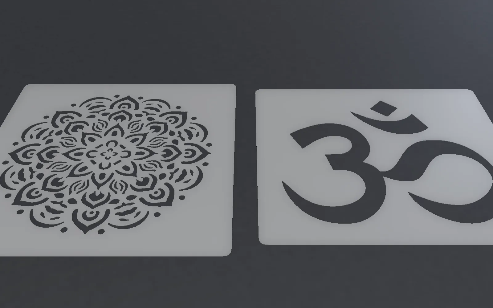 Two PET stencils side by side: a mandala full of fine details and narrow bridges, and a bold Om symbol with large simple shapes