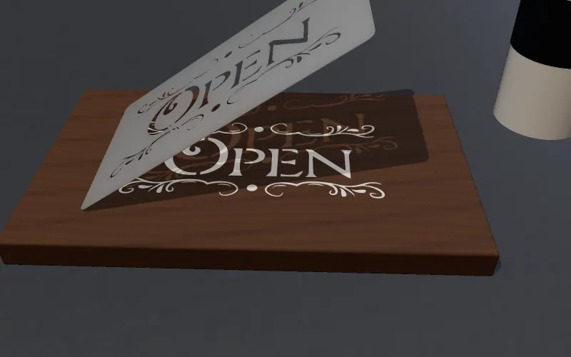 गहरे रंग के लकड़ी के साइन पर सफ़ेद स्प्रे से "Open", नतीजा दिखाने के लिए PET स्टेंसिल उठाया हुआ