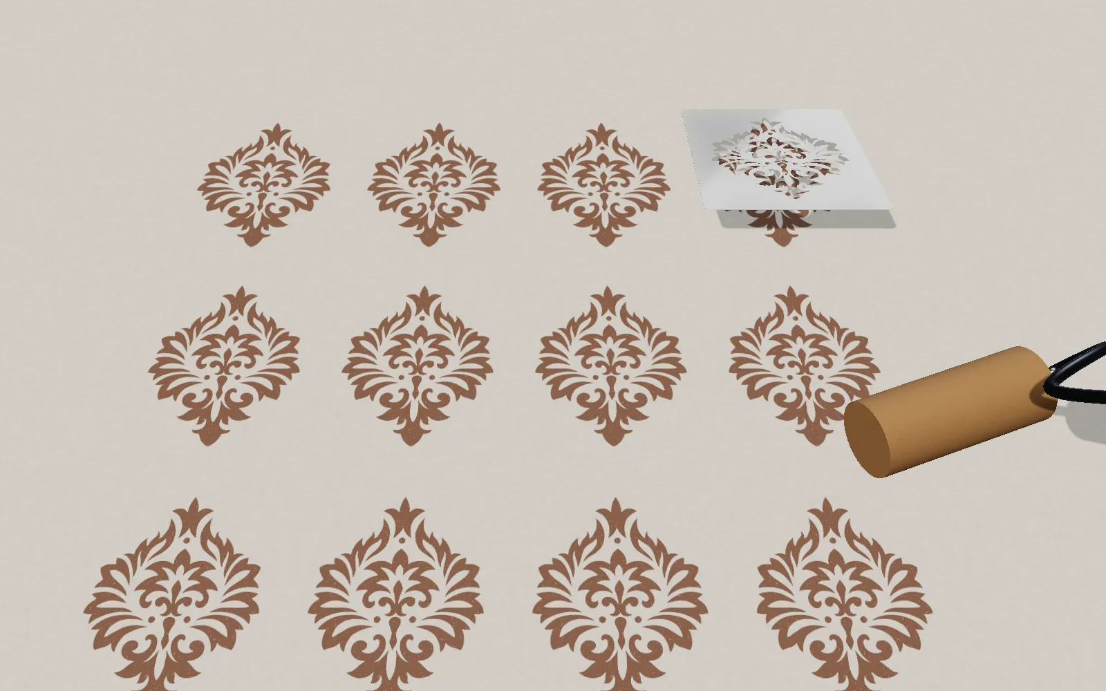 A wall decorated with a repeated damask motif in warm brown, with the PET stencil still on the last motif and a foam roller