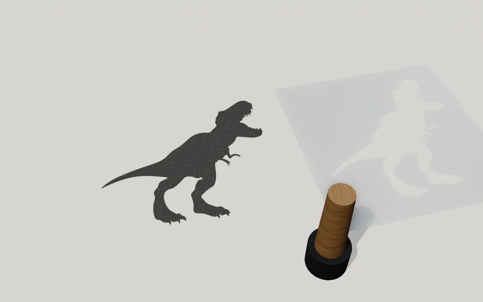Un T-rex stampato su cotone bianco col tampone di spugna, lo stencil in PET messo da parte