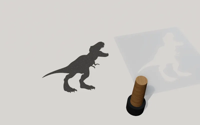 स्पंज डॉबर से सफ़ेद सूती कपड़े पर छपा T-rex, PET स्टेंसिल एक तरफ़ रखा