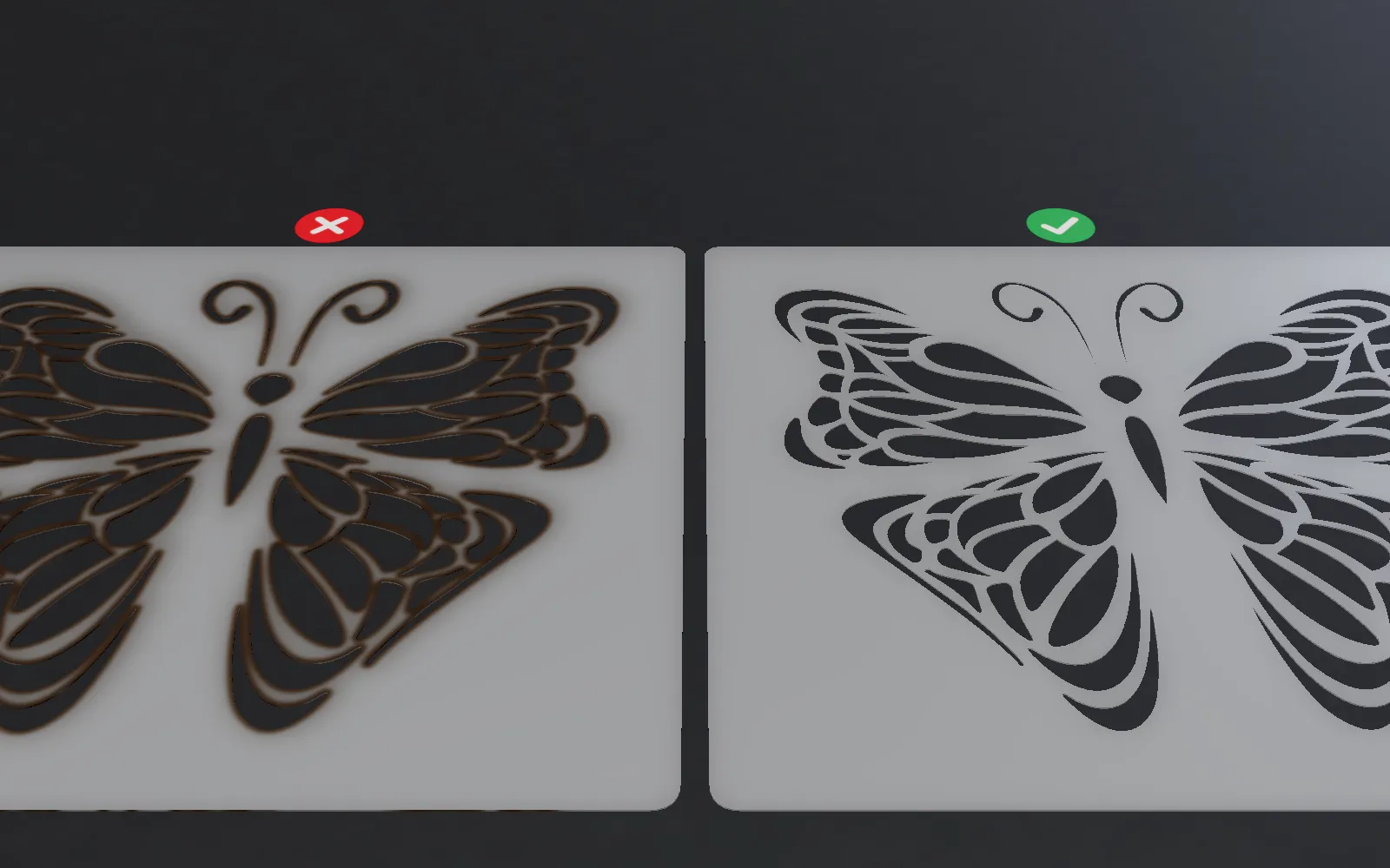 Close-up of two PET butterfly stencils: on the left too much laser power left brown, melted edges and smoke stains; on the right the edges are clean