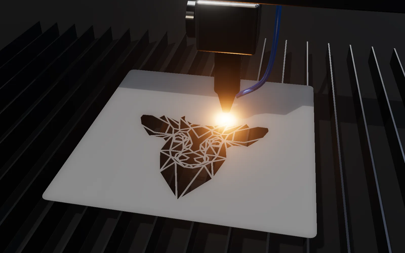 A CO2 laser head cutting the same deer stencil in PET film on an aluminium slat bed, with a bright spot where the beam cuts