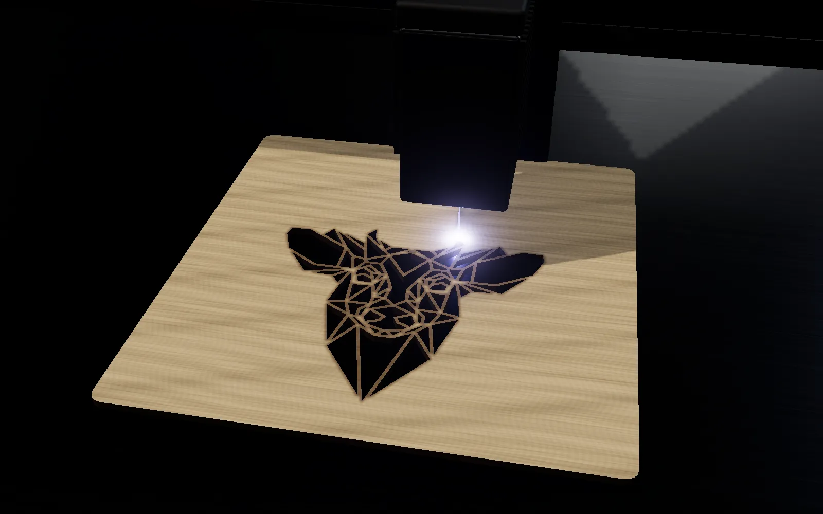 A diode laser module cutting the deer stencil in 3 mm plywood: the lower half is already cut, the edges are dark from the burn