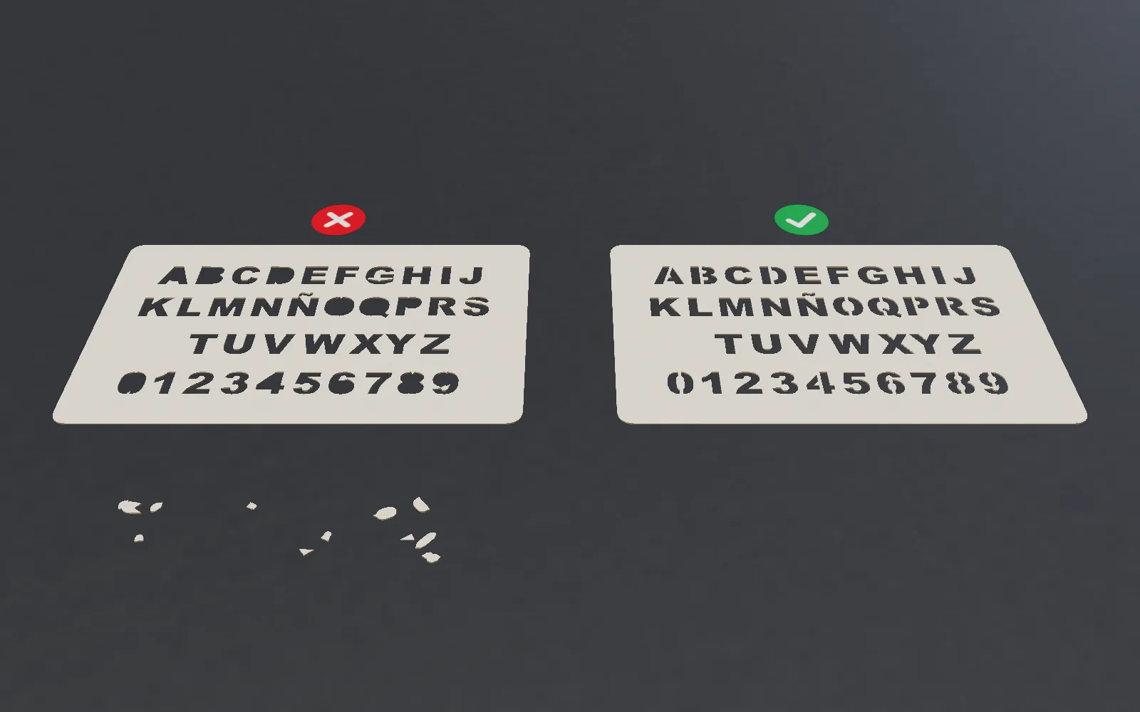 Two card alphabet stencils: on the left, without bridges, the centres of letters like A, B and O have fallen out; on the right, with bridges, they stay in place