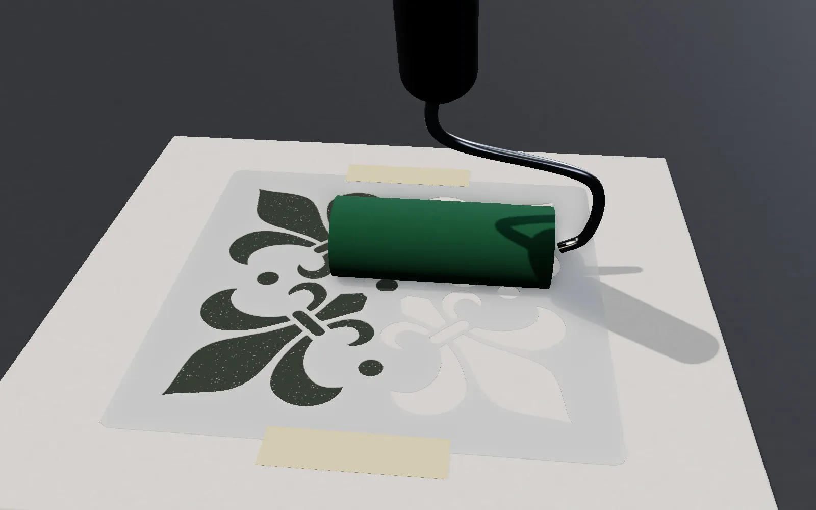 A foam roller painting green through a PET fleur-de-lis stencil on a wall panel: the left half is painted, the right half not yet