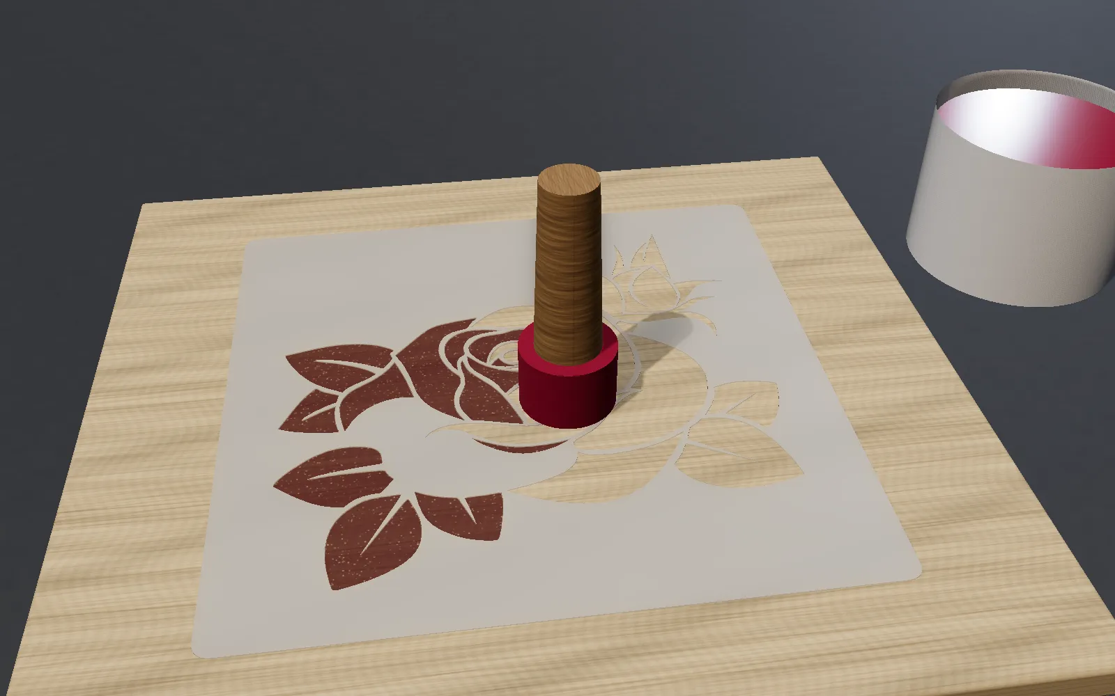 A sponge dauber dabbing deep red paint through a PET rose stencil on birch, next to an open paint pot
