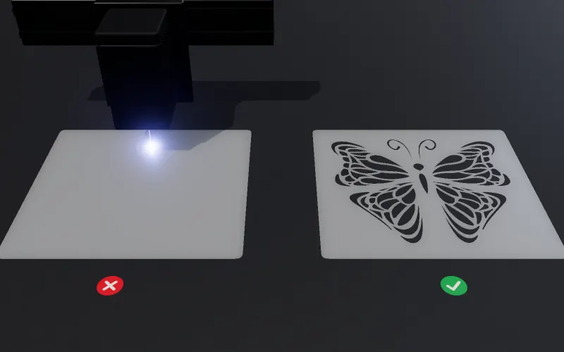 Zwei Blätter klares PET: Links geht der blaue Diodenlaser hindurch, ohne zu schneiden, rechts ist der Schmetterling sauber ausgeschnitten