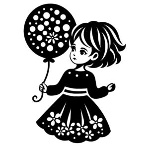 DALL·E 2023-12-03 04.59.54 - A stylized stencil design of a young girl holding a balloon, optimized for laser cutting, 50 cm wide and 100 cm tall, with connected elements to avoid