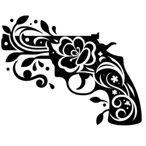 DALL·E 2023-12-03 05.00.38 - A stylized stencil design of a pistol shooting flowers, optimized for laser cutting, 50x50 cm, with connected elements to avoid isolated parts, in bla