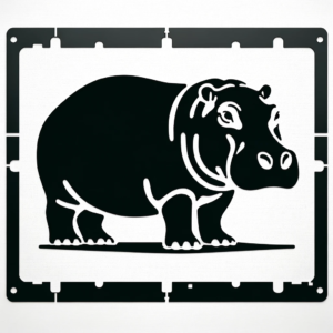 DALL·E 2023-12-03 05.21.02 - A stencil design of a hippopotamus, optimized for laser cutting. The design features a single color (black) on a white background, with integrated bri