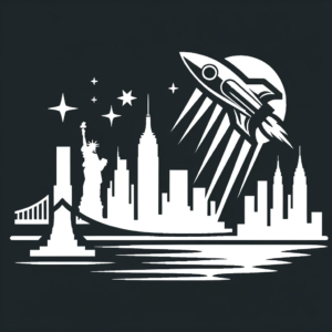 DALL·E 2023-12-27 14.13.28 - Vector stencil design featuring a rocket flying over the skyline of New York City. The design includes prominent landmarks like the Empire State Build